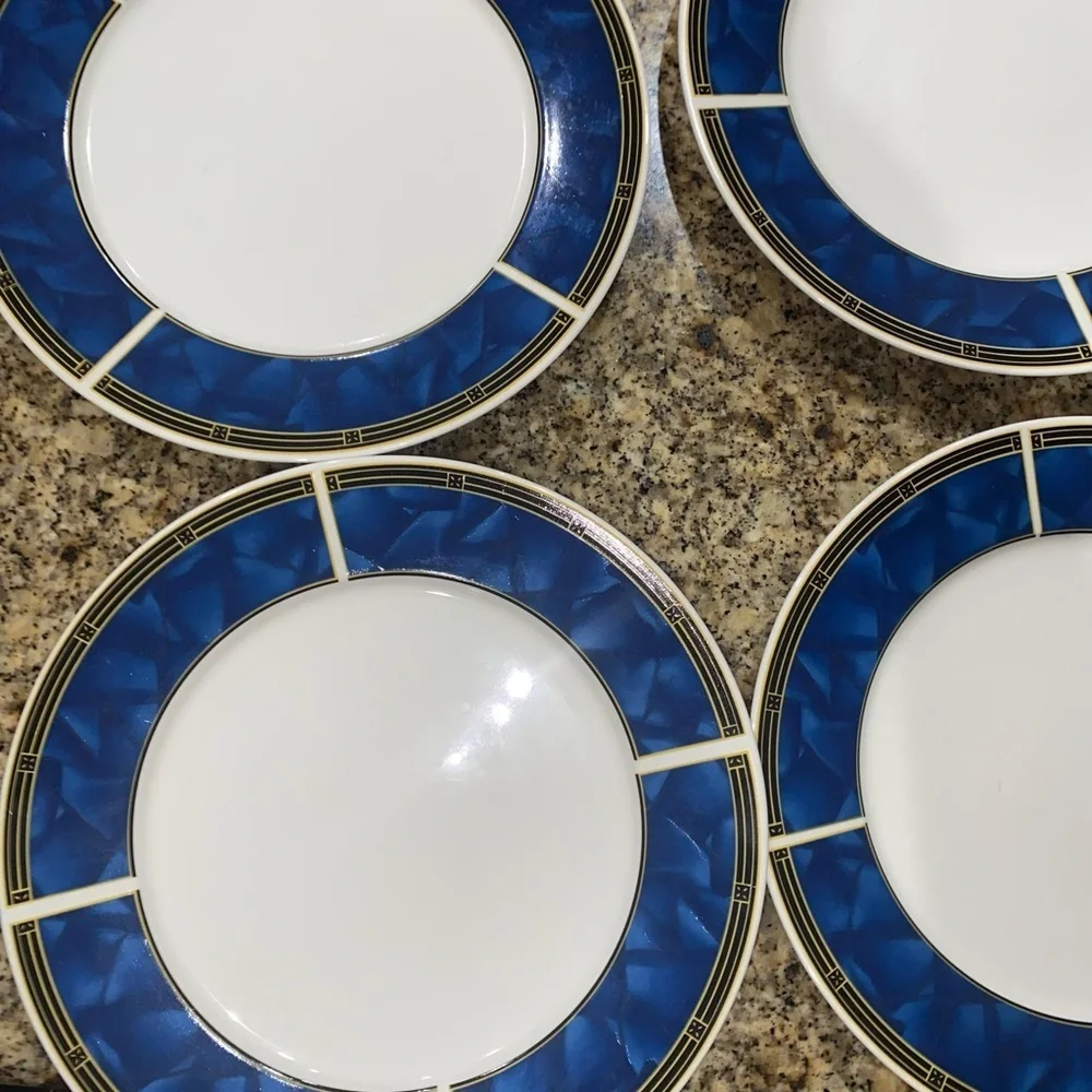 4 VTG Sapphire Sango 8822 MCM Stoneware Blue White Yellow 10.5”Dinner Plate Set